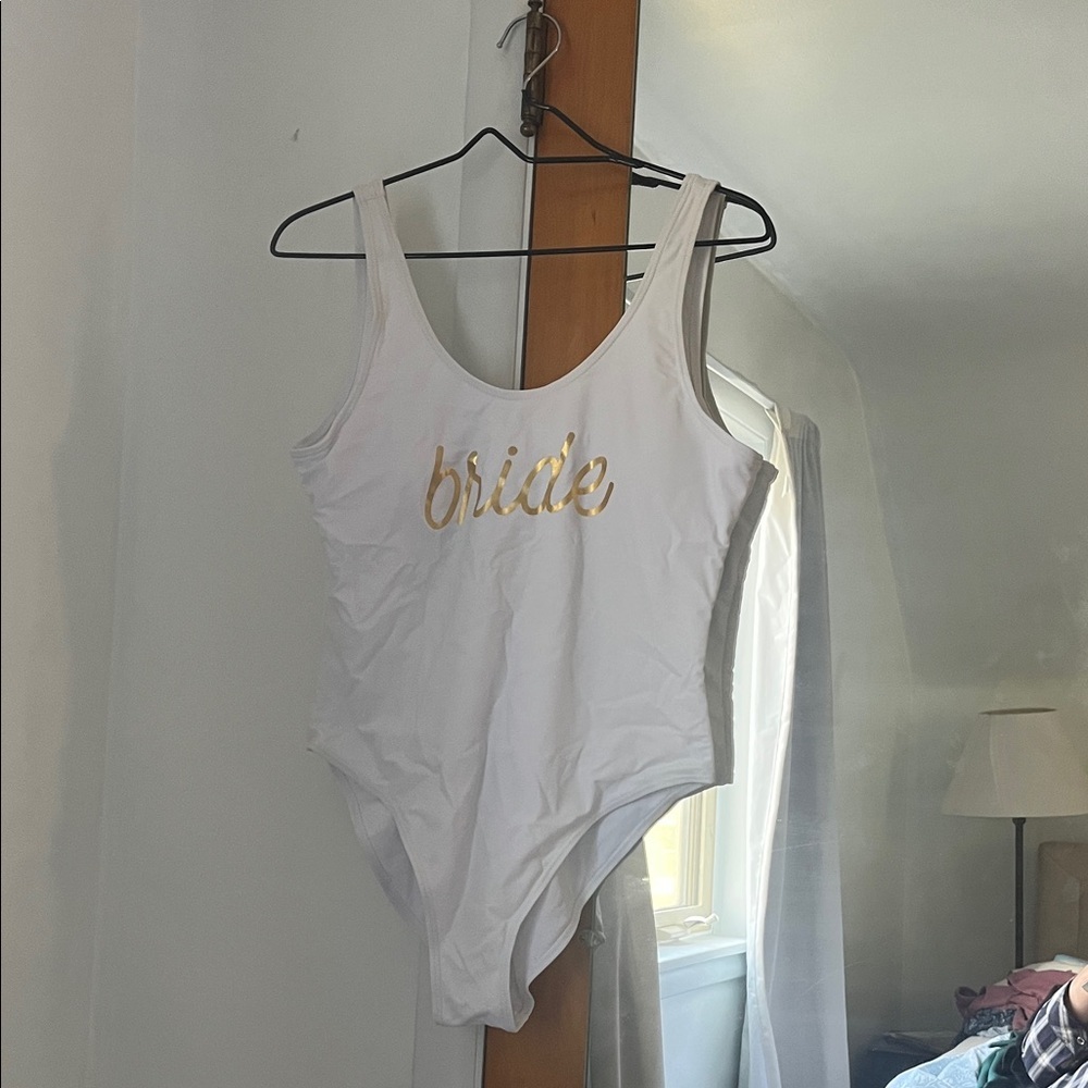 White Bride Swimsuit with Gold Lettering